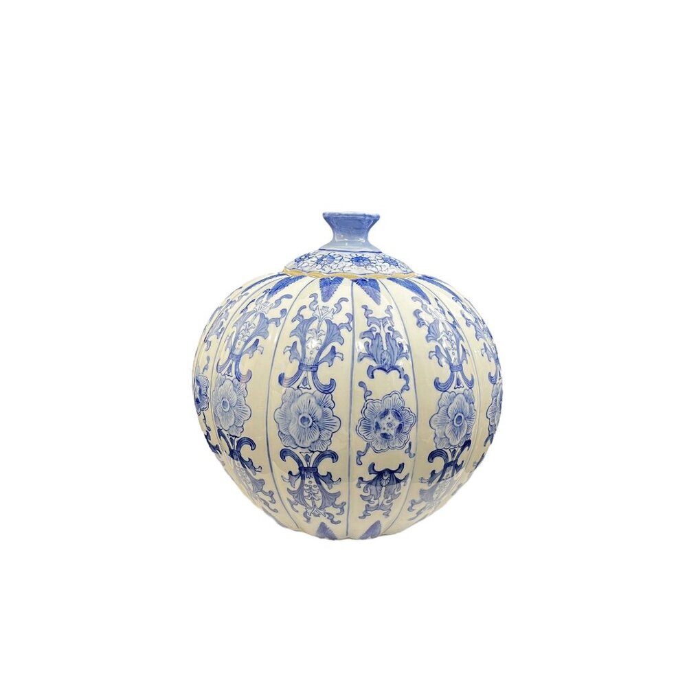 Blue & White Floral Ceramic Vase With Intricate Detailing Decorative Home Accent - Picture 4 of 12